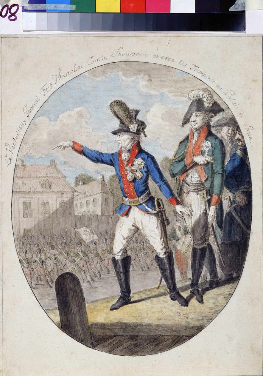 Marskalk Alexander Alexander Souwaroff (Souvaroff eller Souvarov eller Alexander Souvorov) (1729-1800) inspiserte tropper før kurfyrsten til det saksiske palasset, Warszawa, i 1794 under Kosciuszko-opprøret. (Feltmarskalk Alexandr Suvorov insp av Unknown artist