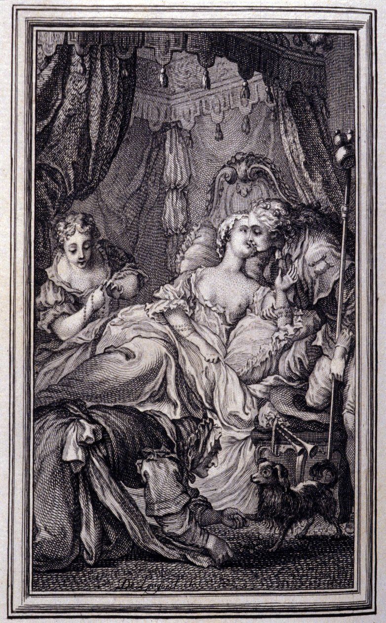 Den lille hunden som skyter penger og steiner- i "Fortellinger og noveller på vers" av Jean La Fontaine. 1762. av Unknown artist
