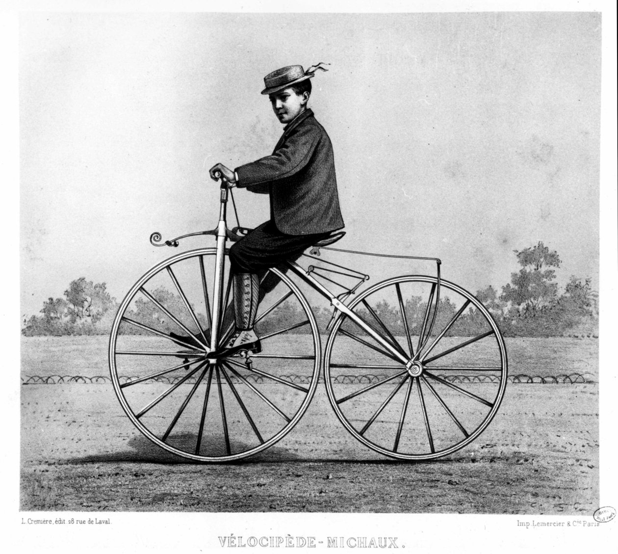 Velocipeden Michaux - i Le centaure, gravering, Bibl. av byen Paris av Unknown artist