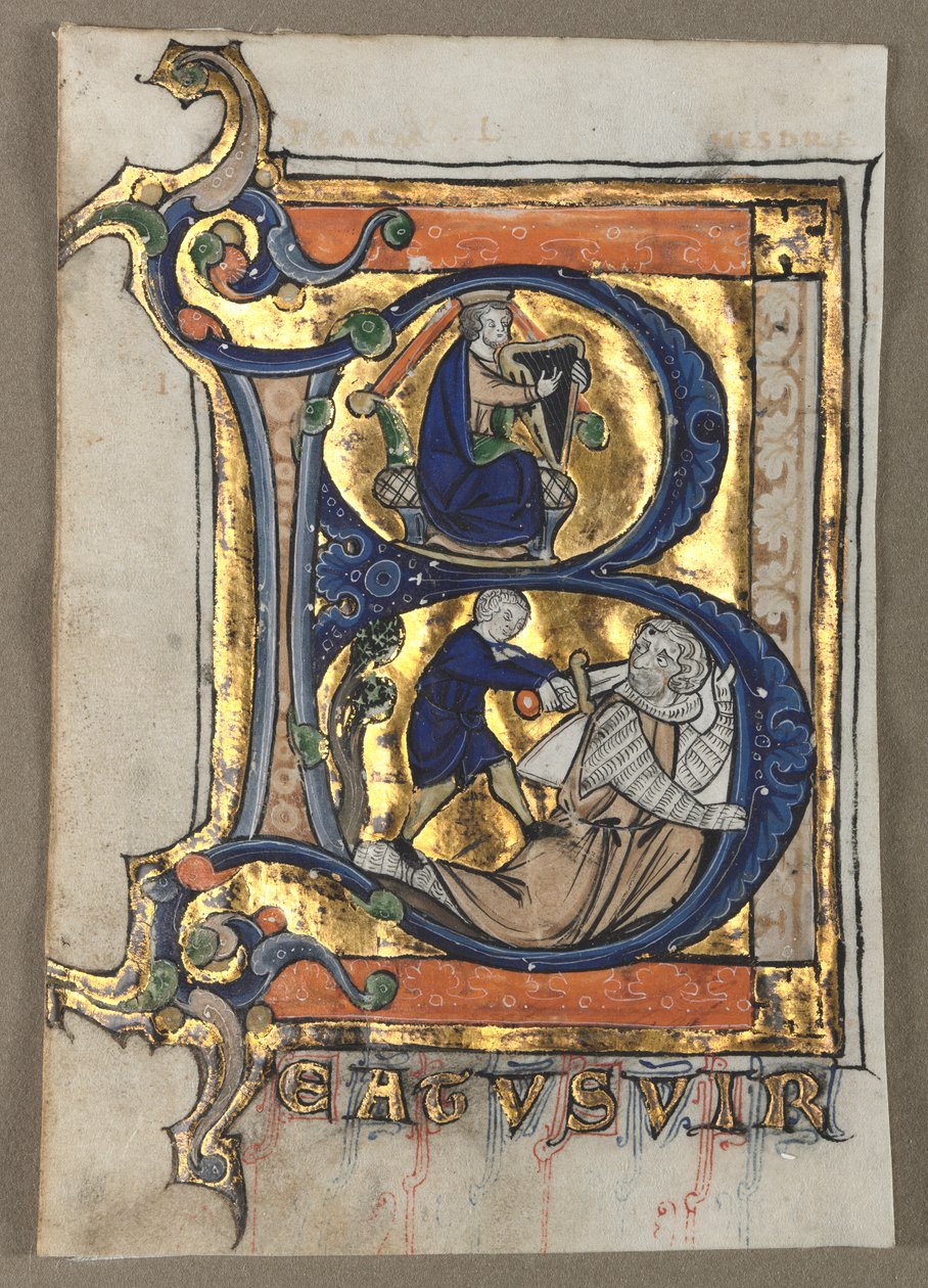 Blad utskåret fra en Psalter: Initial B med kong David av Unknown artist
