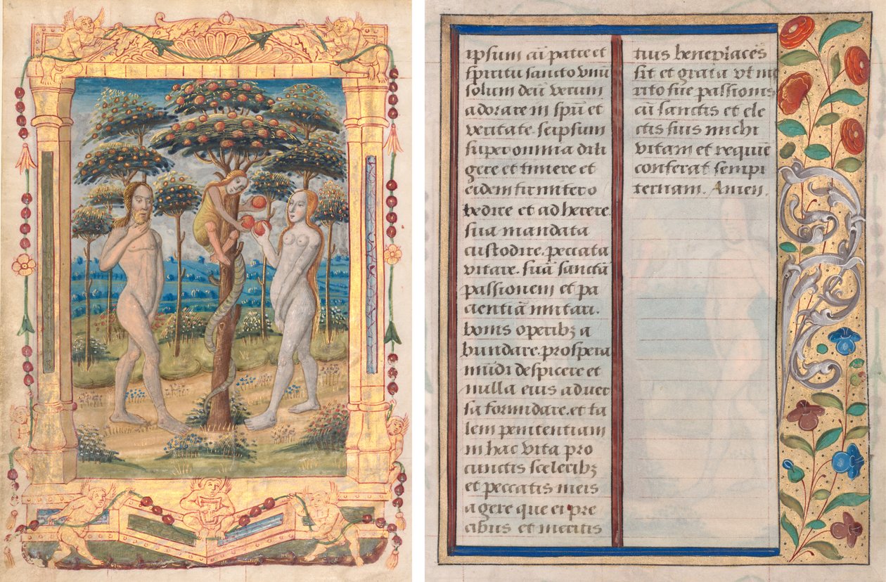 Blad fra en timebok: Adam og Eva og menneskets fall (Prefatory Miniature to the Office of the Virgin) (recto) og tekst med illustrert kant (verso) (1 av 3 utskårne blader) av Unknown artist