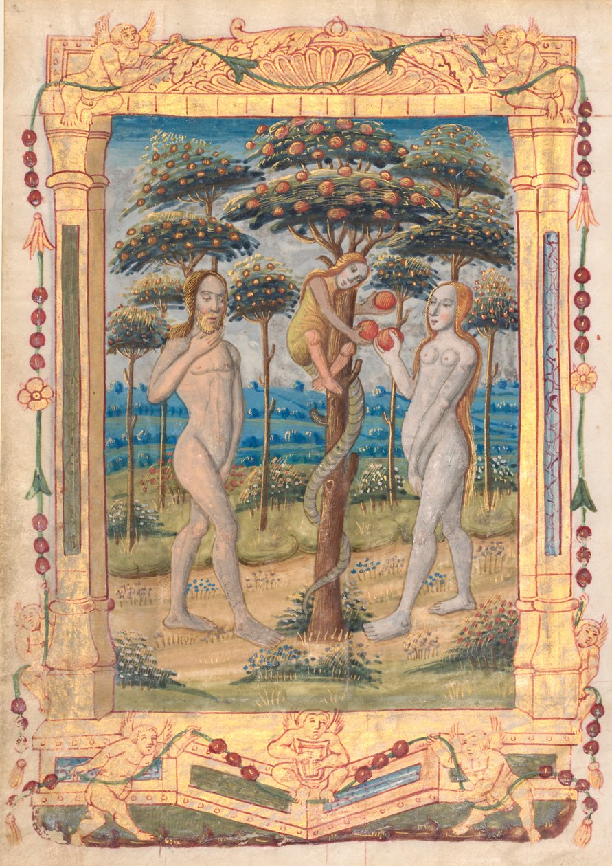 Blad fra en timebok: Adam og Eva og menneskets fall (Prefatory Miniature to the Office of the Virgin) (recto) av Unknown artist