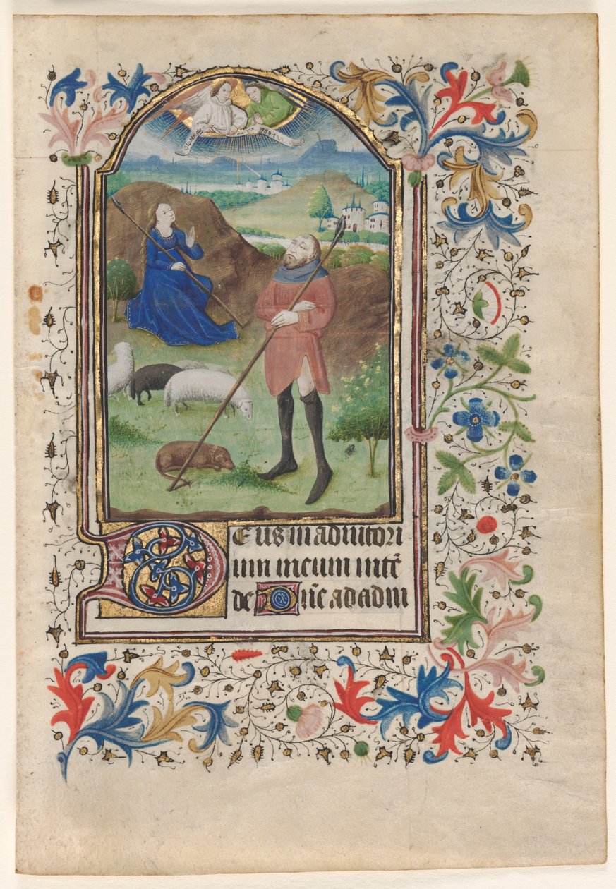 Blad fra en timebok: Bebudelse til hyrdene av Unknown artist
