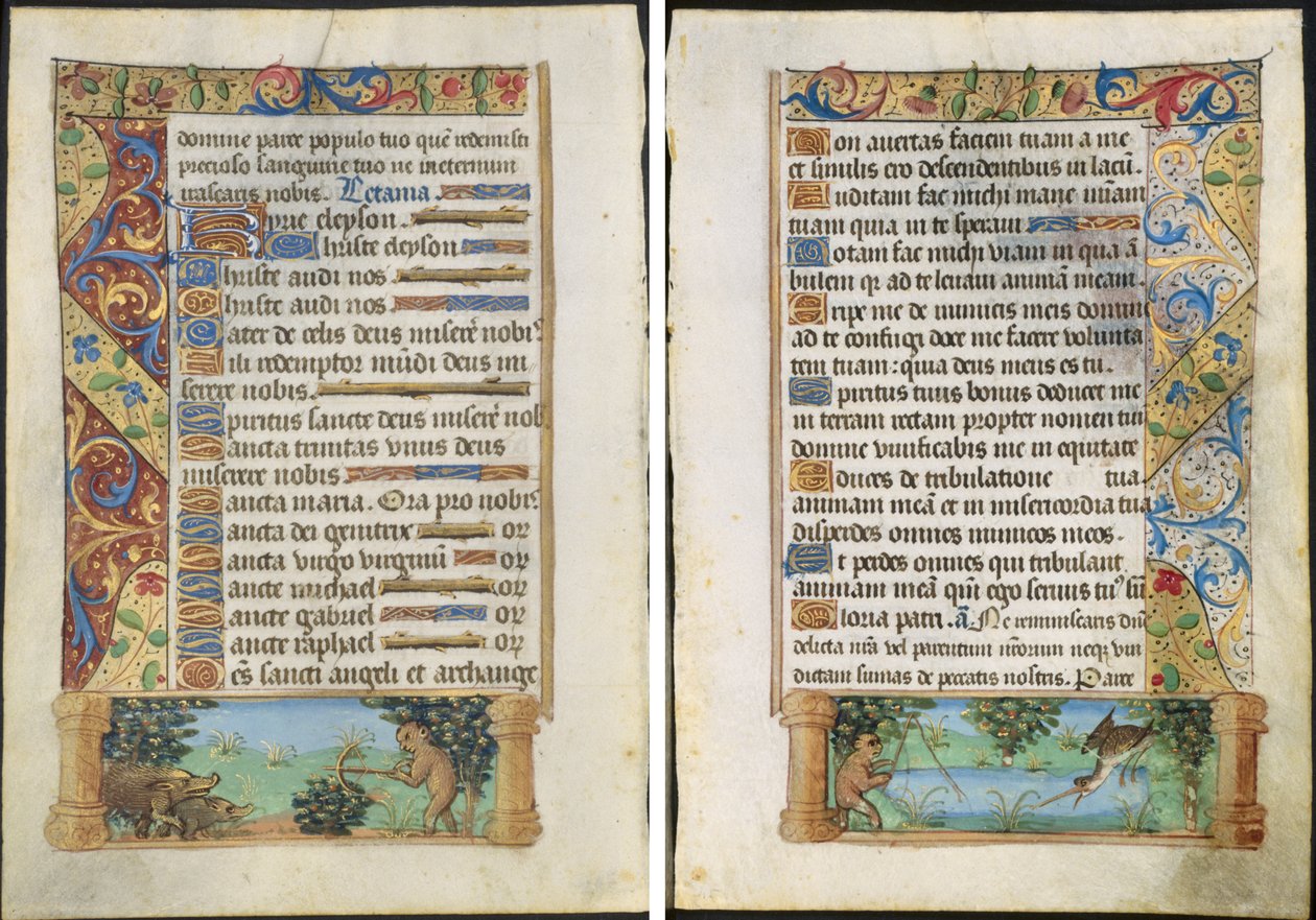 Blad fra en timebok: Apejakt på villsvin (recto) og apefiske (verso) av Unknown artist