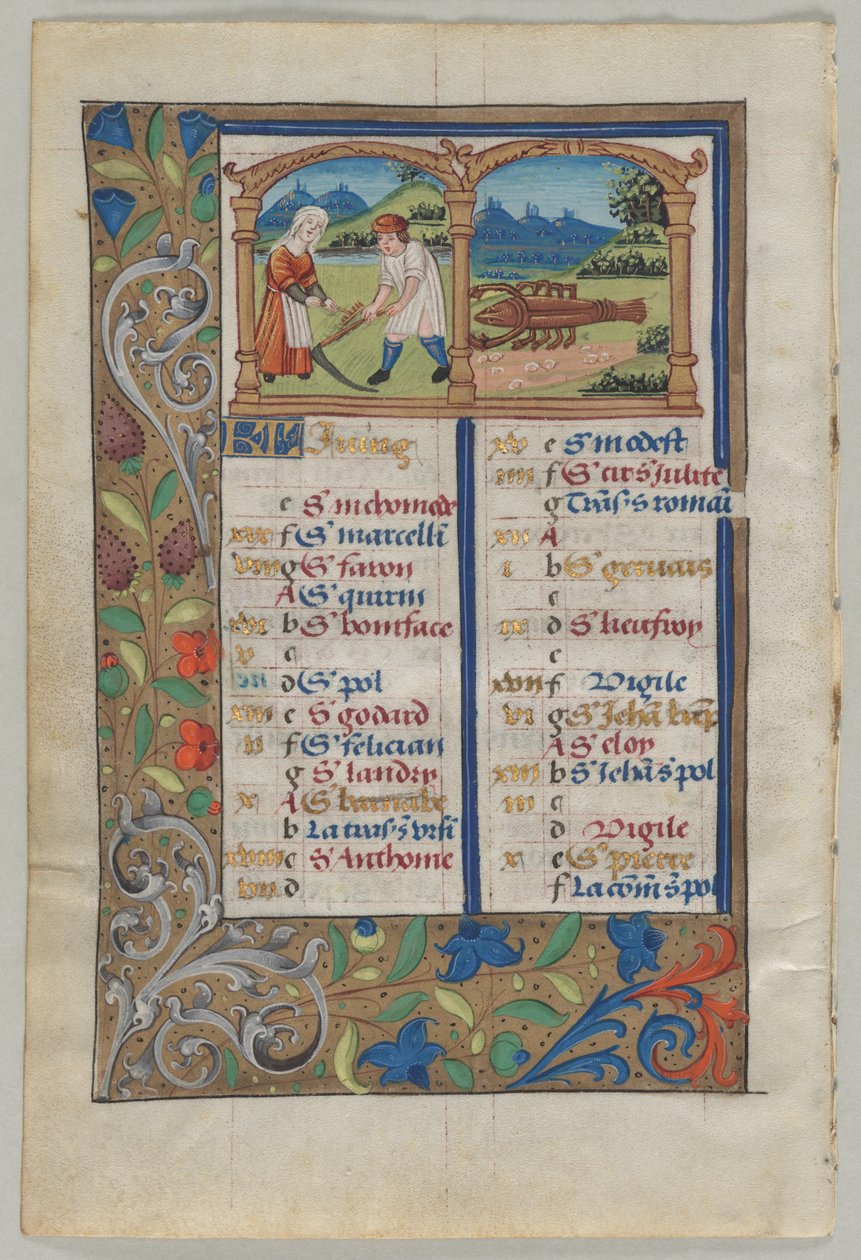 Blad fra en timebok: Kalenderside for juni (verso) av Unknown artist