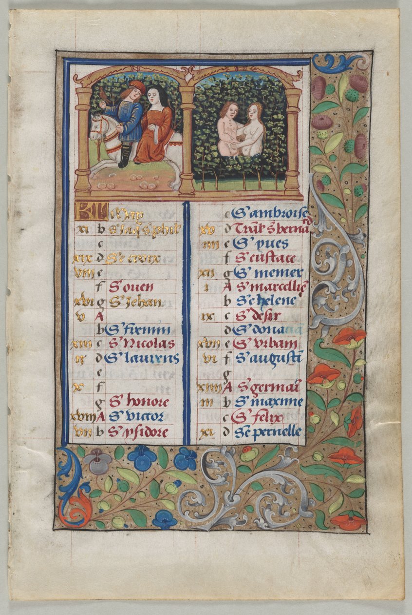 Blad fra en timebok: Kalenderside for mai (recto) av Unknown artist