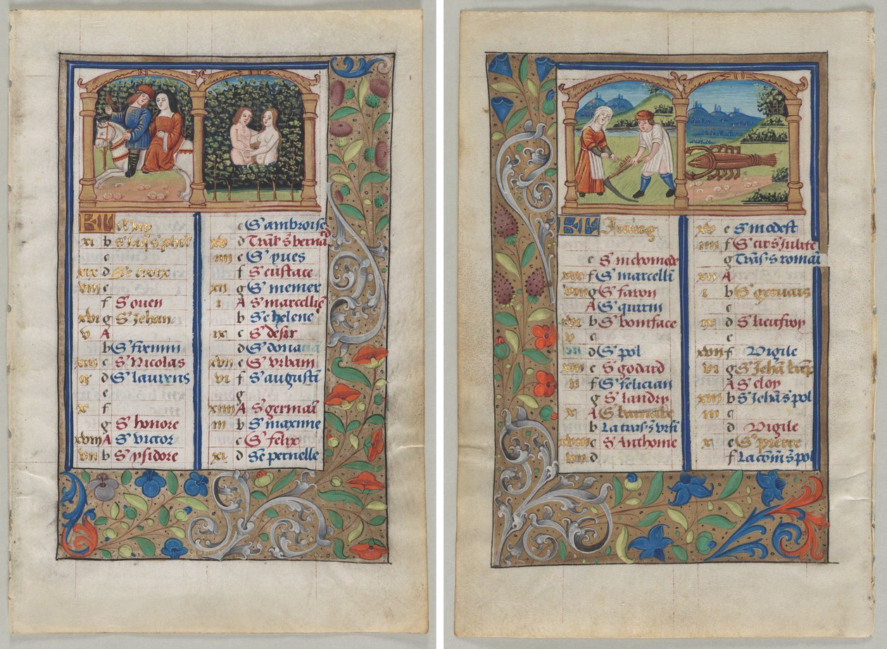 Blad fra en timebok: Kalenderside for mai (recto) og kalenderside for juni (verso) (2 av 3 utskårne blader) av Unknown artist