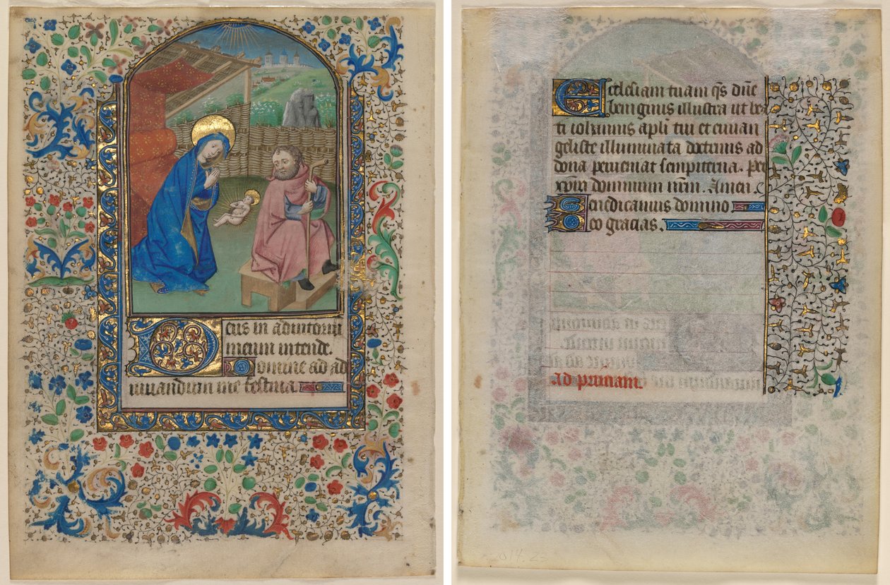 Blad fra en timebok: Fødselen (recto) og tekst (verso) av Unknown artist