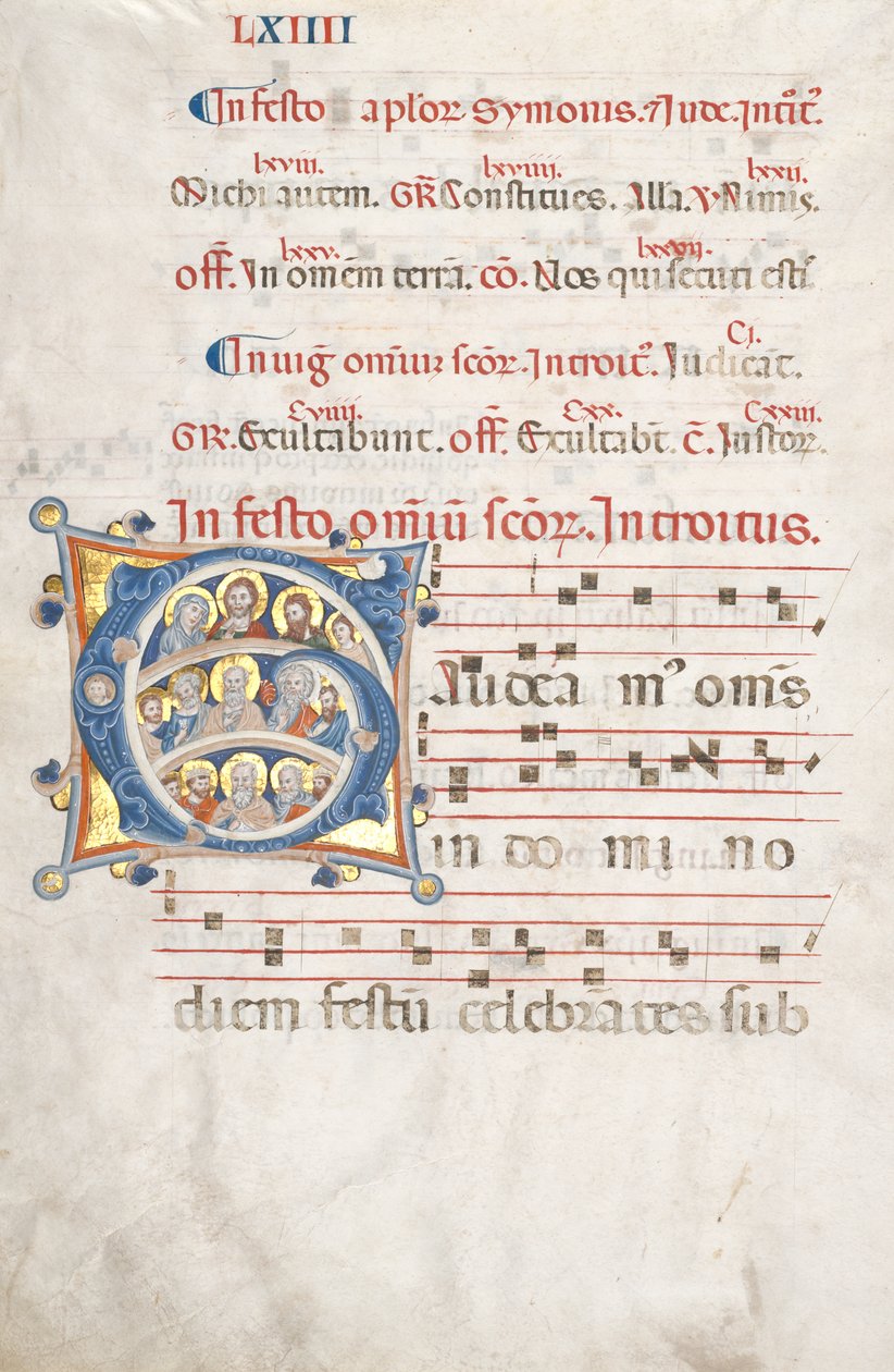 Blad fra en gradvis: Initial (G) med Kristus, jomfruen og apostlene av Unknown artist