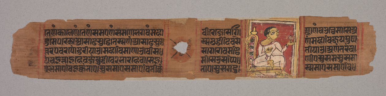 Blad fra et Jain-manuskript: Kalpa-sutra: Munk holder en blomst (recto); Blad fra et Jain-manuskript: Kalpa-sutra: tekst som beskriver nedstigning av Mahavira inn i livmoren til Brahman-kvinnen Devananda (verso) av Unknown artist