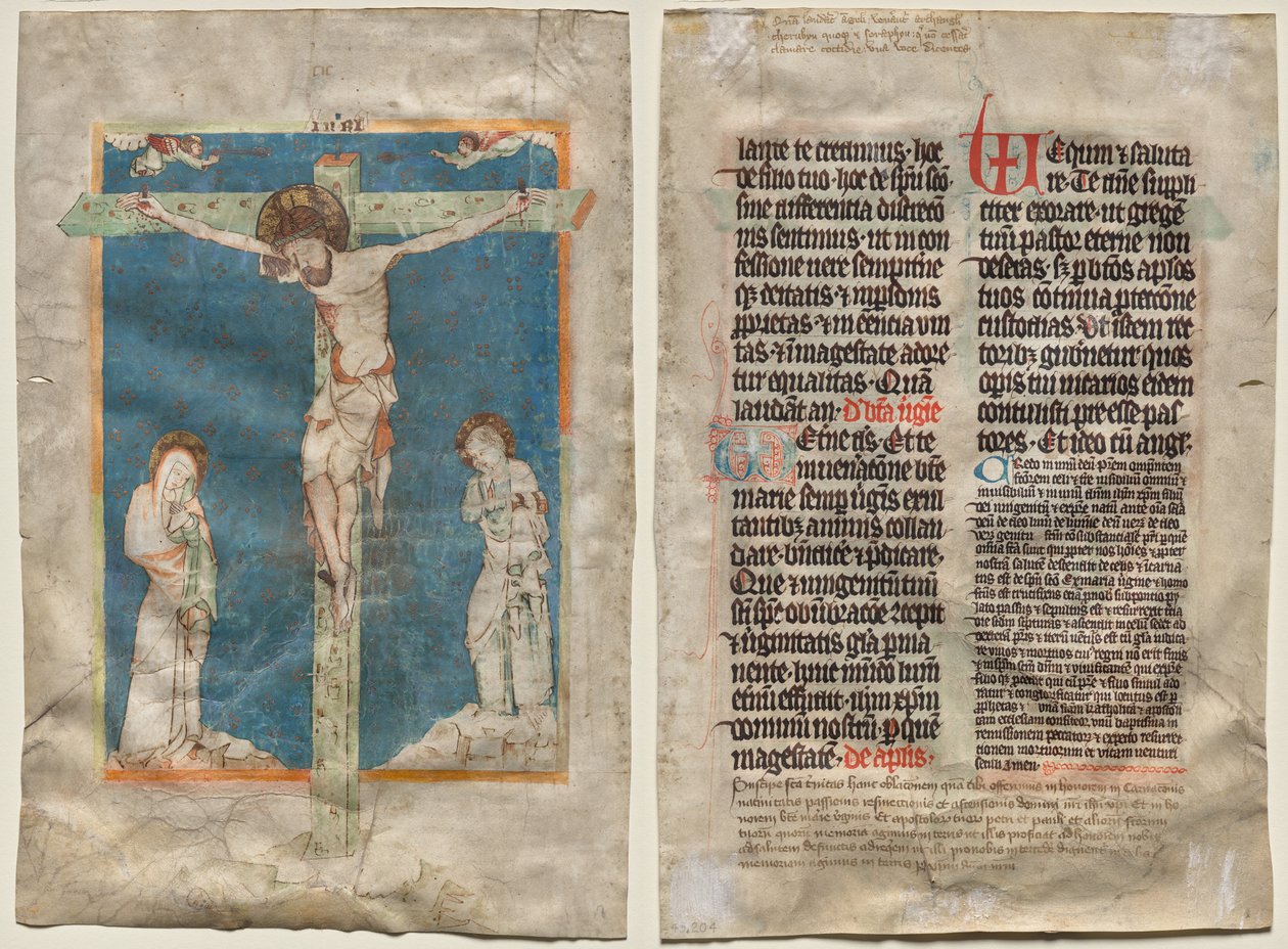 Blad fra et missal: Korsfestelsen (recto) og tekst (verso) av Unknown artist