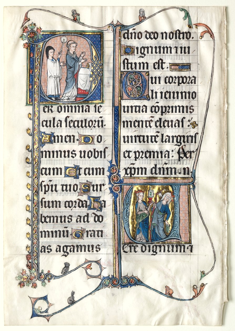 Blad fra et missal med to historiske initialer: Initial P[er omnia saecula saeculorum] (En prest feirer messe) og initial V[ere dignum et iustum est] (Ecclesia og synagoge) av Unknown artist
