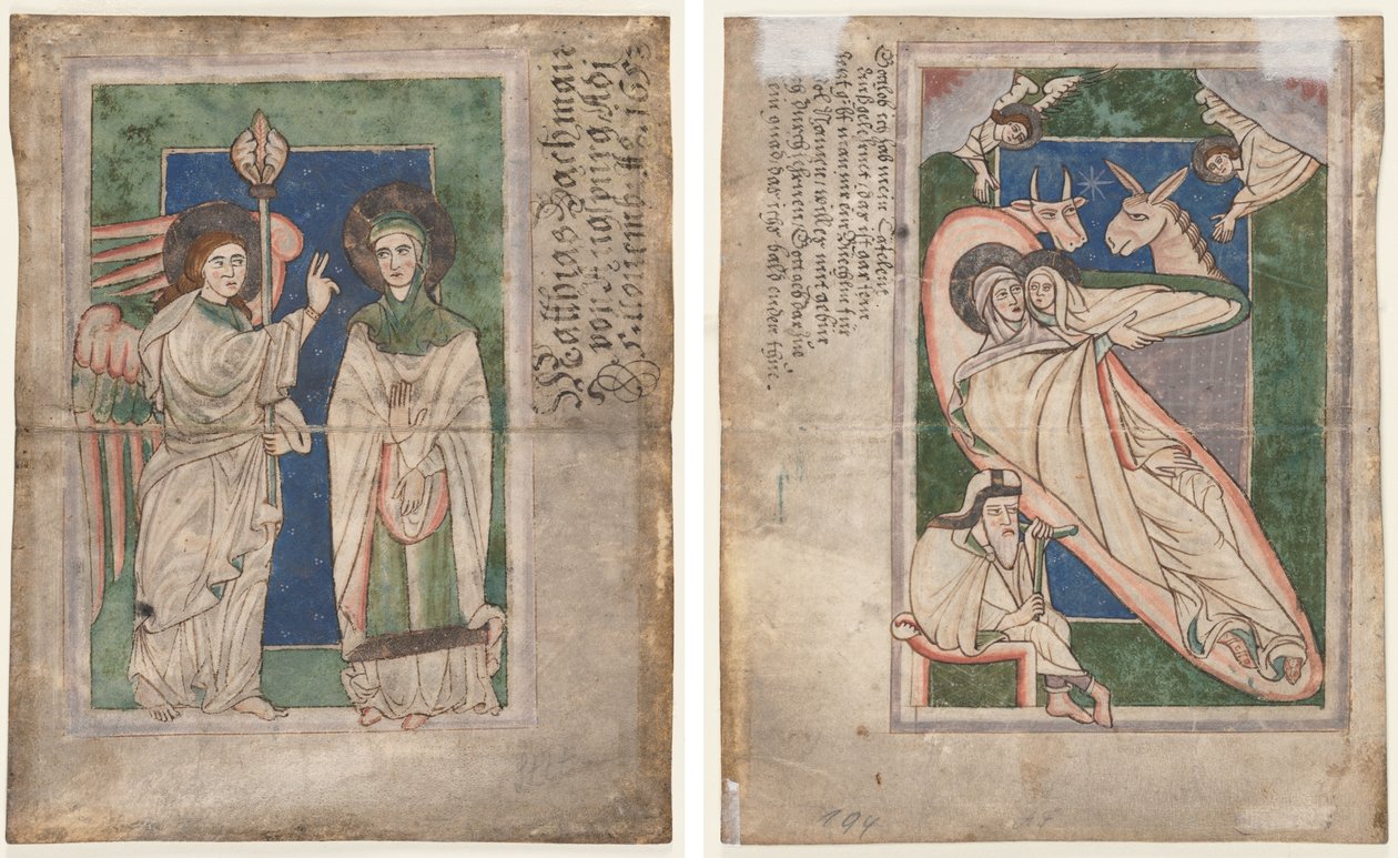 Blad fra en Psalter(?): Bebudelse (recto); Fødsel (omvendt) av Unknown artist