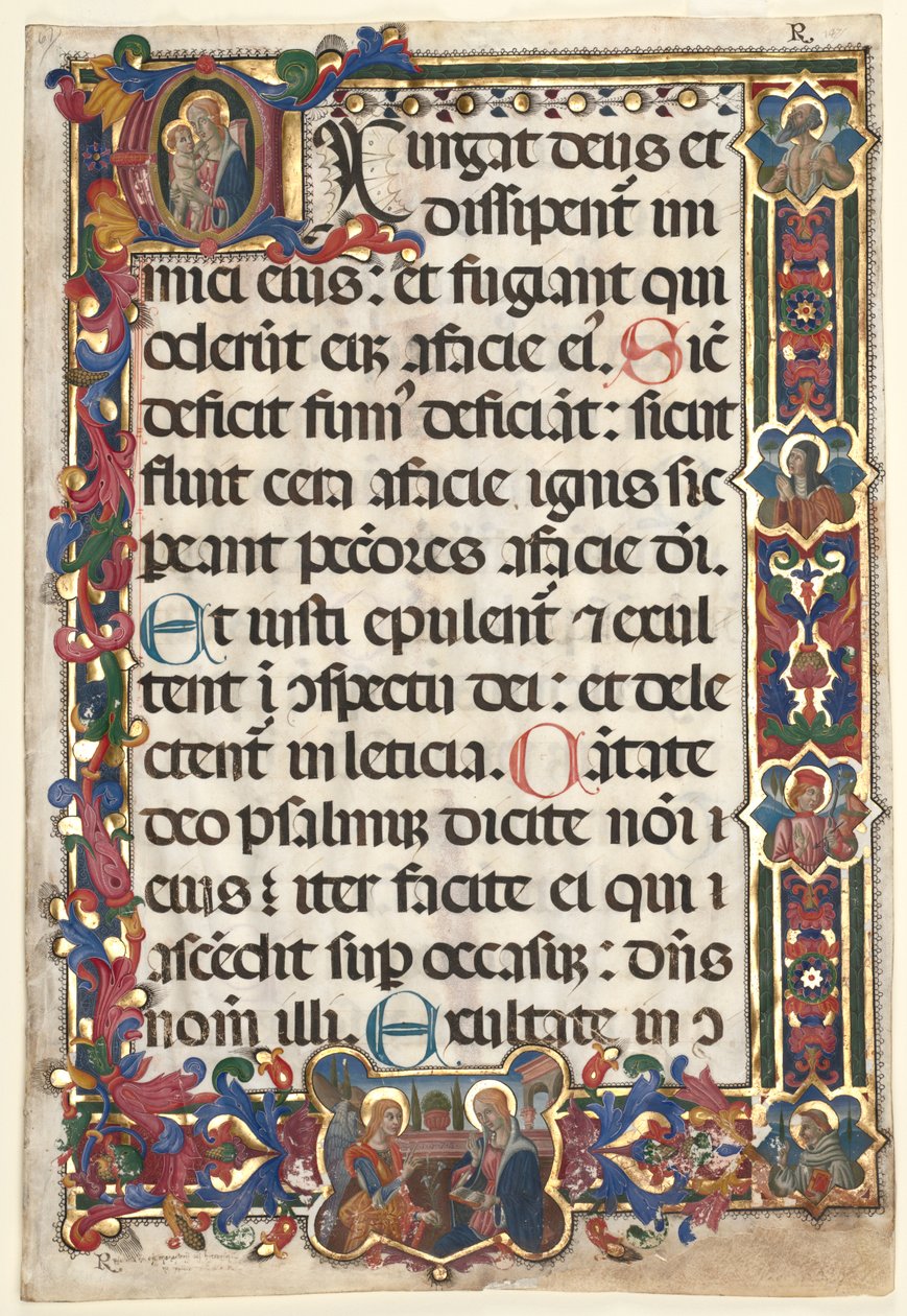Blad fra en psalter med full kant med medaljonger (Bebudelse, SS. Jerome, Clare, Sebastian og Bernardino) og historisk initial (E): Jomfru og barn av Unknown artist