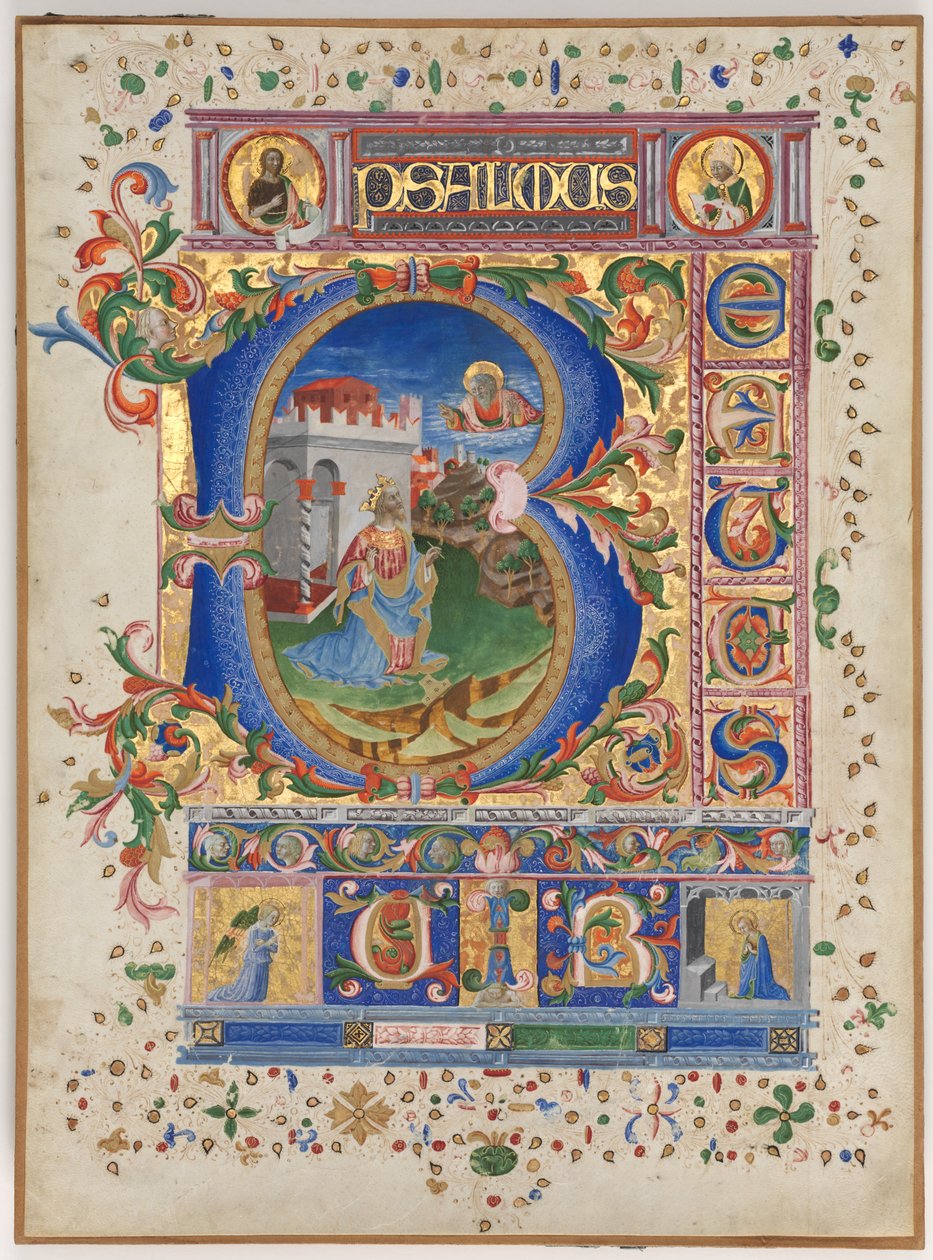 Blad fra en psalter med historisk initial (B): Kong David av Unknown artist