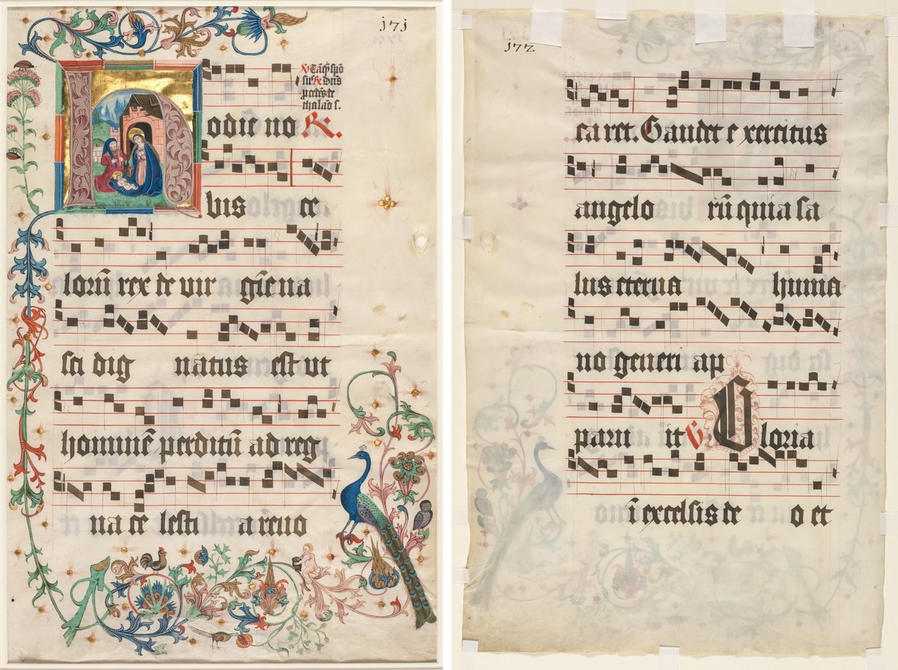 Blad fra et antifonarium: Initial H med fødselen (recto) og tekst (verso) av Unknown artist