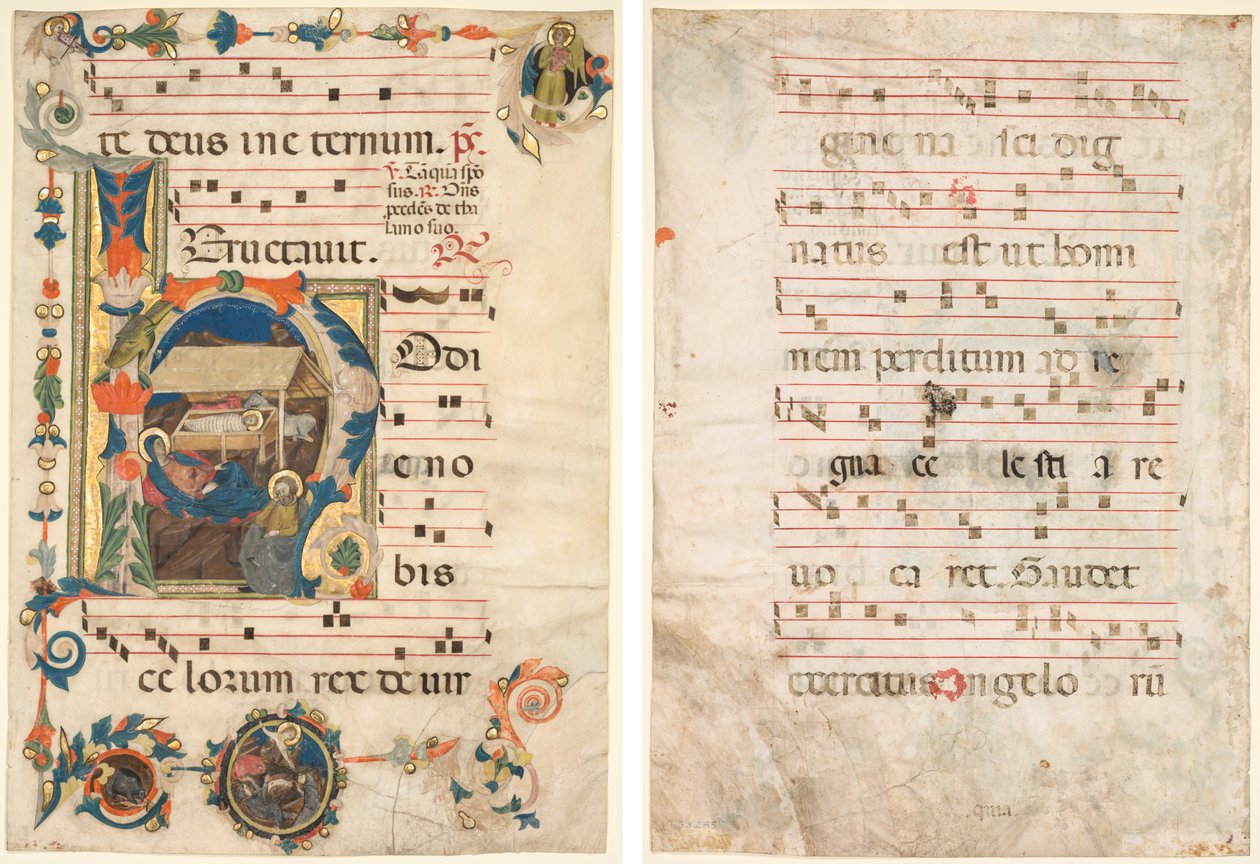 Leaf from an Antiphonary med Historiated Initial (H) med The Nativity (recto) og Music (verso) av Unknown artist