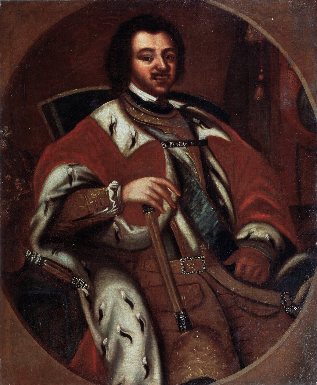 Den russiske keiseren Peter I (den store) (1672-1725) på sin trone (keiser Peter I på tronen). Anonymt maleri. Olje på lerret, tidlig 1700-tall. Statens kunstmuseum, Yaroslavi (Russland). av Unknown artist