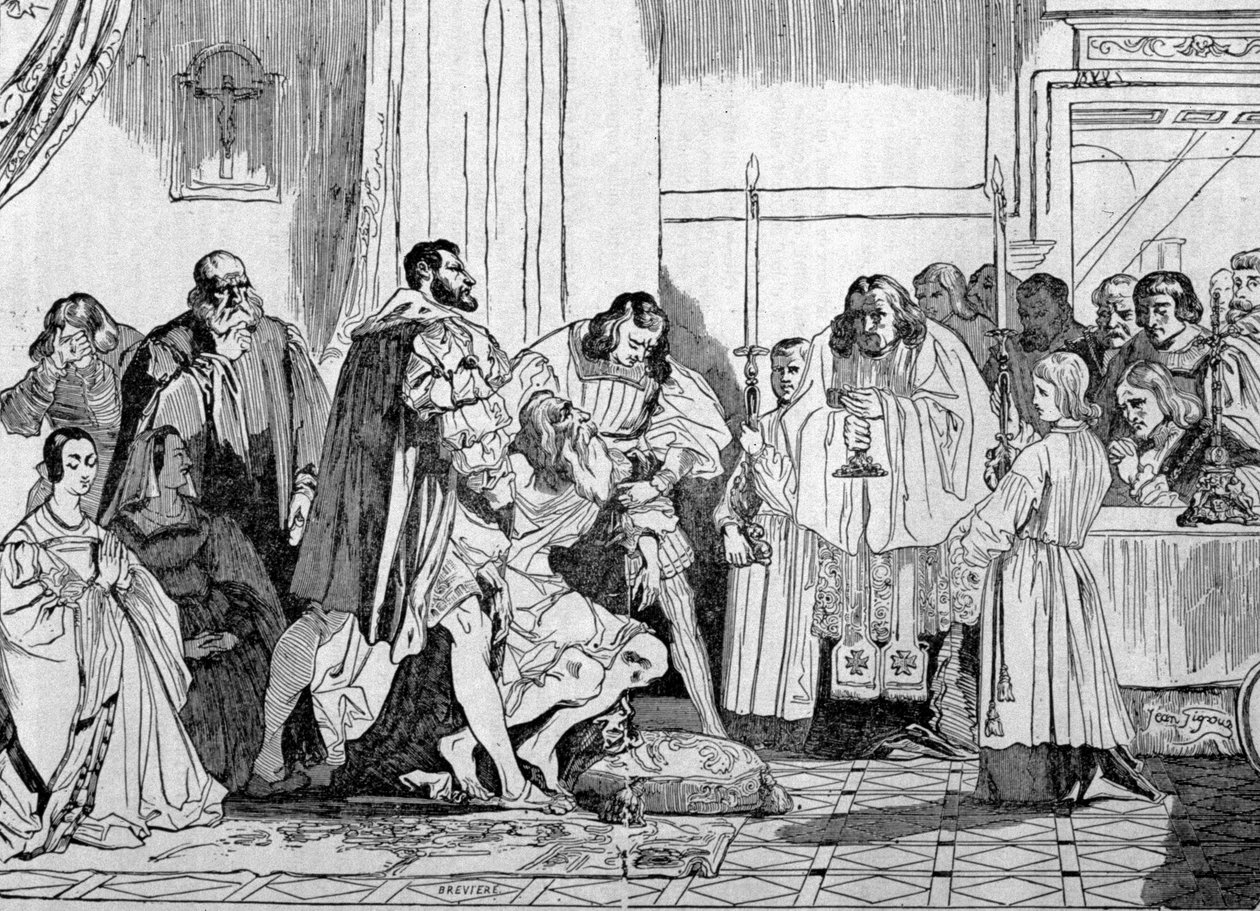 Leonardo da Vinci (Leonard de Vinci) døde i armene til Francois I (1494 - 1547) i 1519 ved Clos Luce. gravering. av Unknown artist