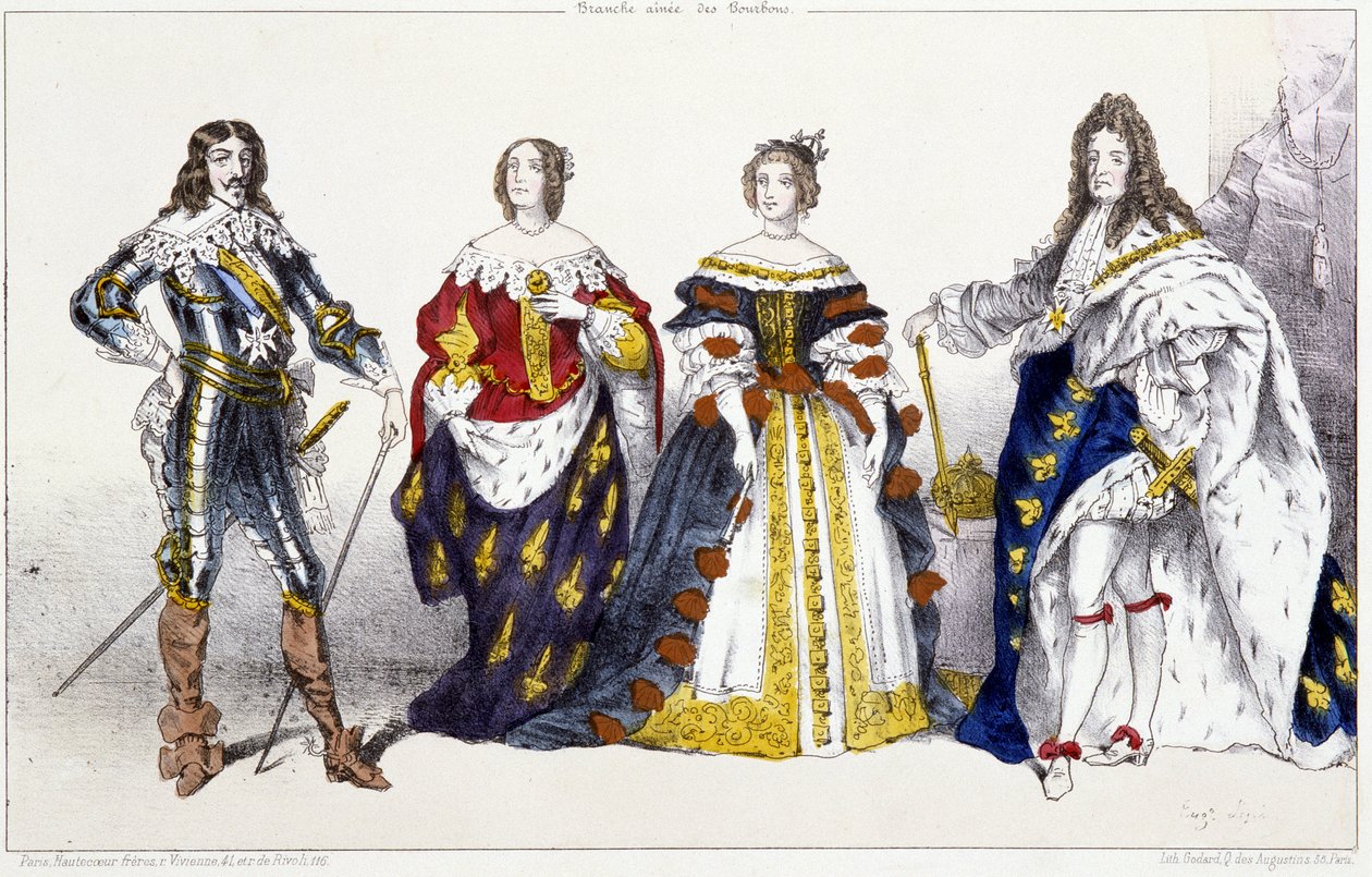 Les Bourbons: Ludvig XIII (1601-1643) og Anne av Østerrike (1601-1666), Marie Therese av Østerrike (eller Spania) (1638-1683) og Ludvig XIV (1638-1715) - Plate hentet fra konger og dronninger av Frankrike i trykk, Paris, red. Fort av Unknown artist