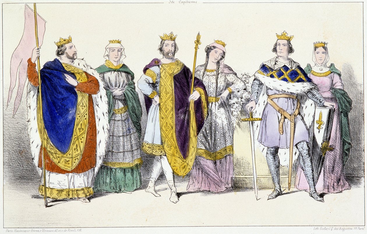 Kapetianerne: Louis VI Le Gros (1081-1137) og Adelaide av Savoy (ca. 1100-1154), Louis VII Le Jeune (1120-1180) og Adele av Champagne (eller Blois) (ca. 1140-1206), Philippe II dit Philippe Auguste (1165-1223) og Isabelle de Hainaut (1170-1190) - Plate fr av Unknown artist