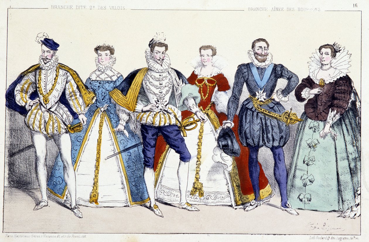 Les Valois et les Bourbons: Charles IX (1550-1574) og Elisabeth av Østerrike (1554-1592), Henry III (1551-1589) og Louise de Lorraine Vaudemont (1553-1601), Henri IV (1553-1610) og Marie de Medicis (1575-1642) - Plage hentet fra konger og dronninger av Fr. av Unknown artist