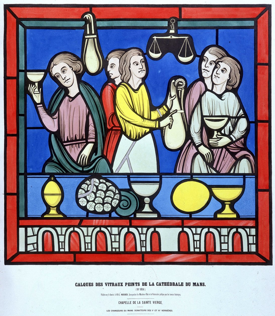 Les chanteurs du Mans - Fac-liknelse fra et glassmaleri i Cathedrale du Mans fra 1200-tallet. 1800-tallslag. av Unknown artist