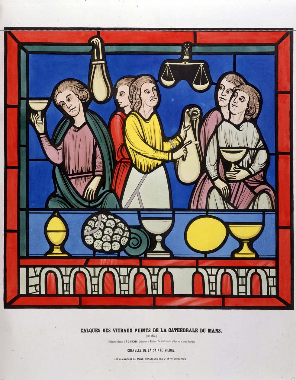 Pengevekslere på Le Mans - Malt farget glass fra Cathedrale du Mans av Unknown artist