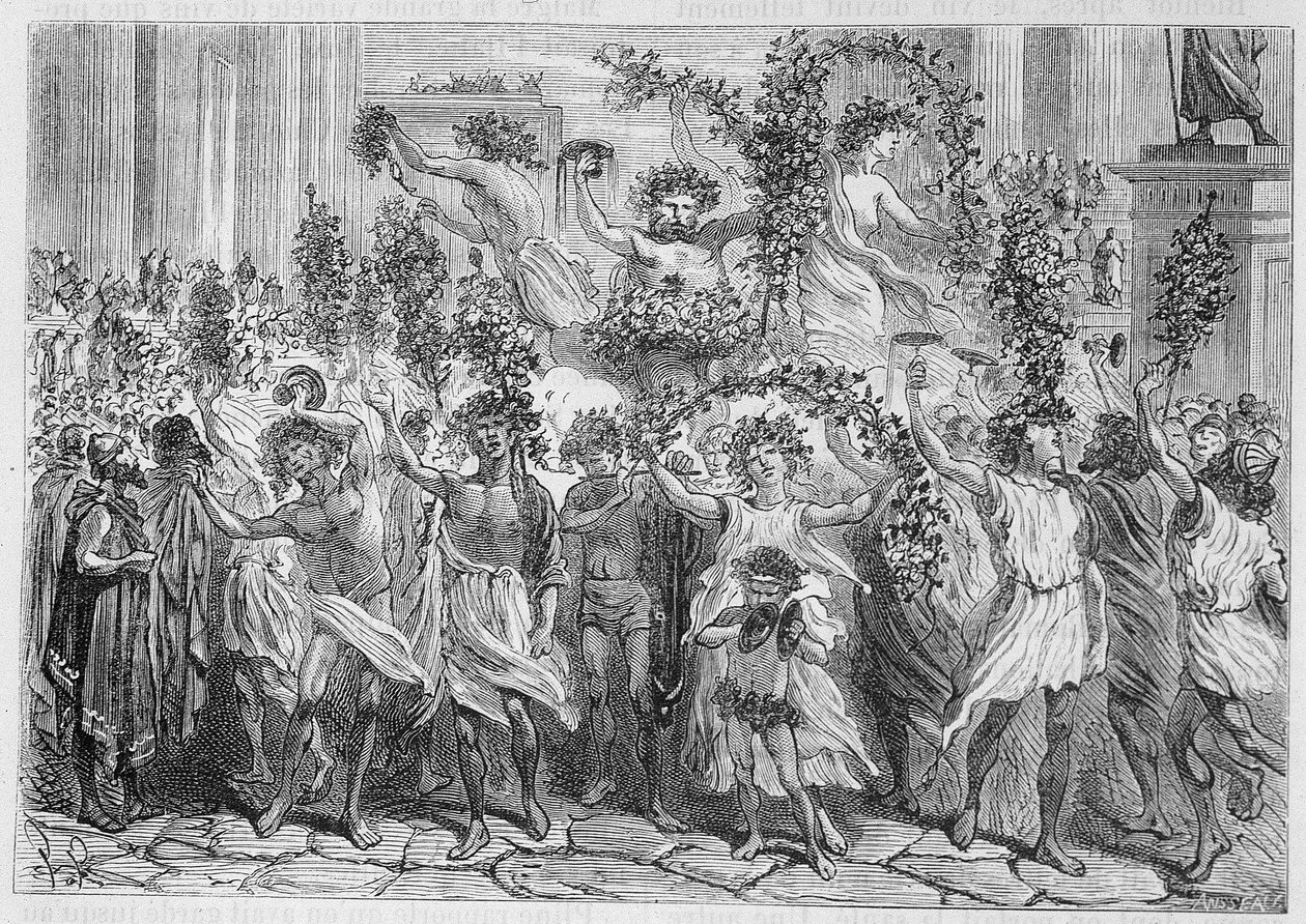 Festene til Bacchus (Bacco) i Athen (Ancient Hellas) - i "" Industriens underverk"" av Louis Figuier, Paris av Unknown artist