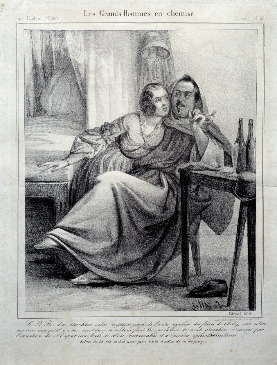 Les grands hommes en chemise Representasjon av forfatteren Honore de Balzac (1799-1850) som omslutter en ung kvinne mens hun røyker en sigarett. Illustrasjon av E. Allet (1800-tallet) Paris, Maison Balzac av Unknown artist