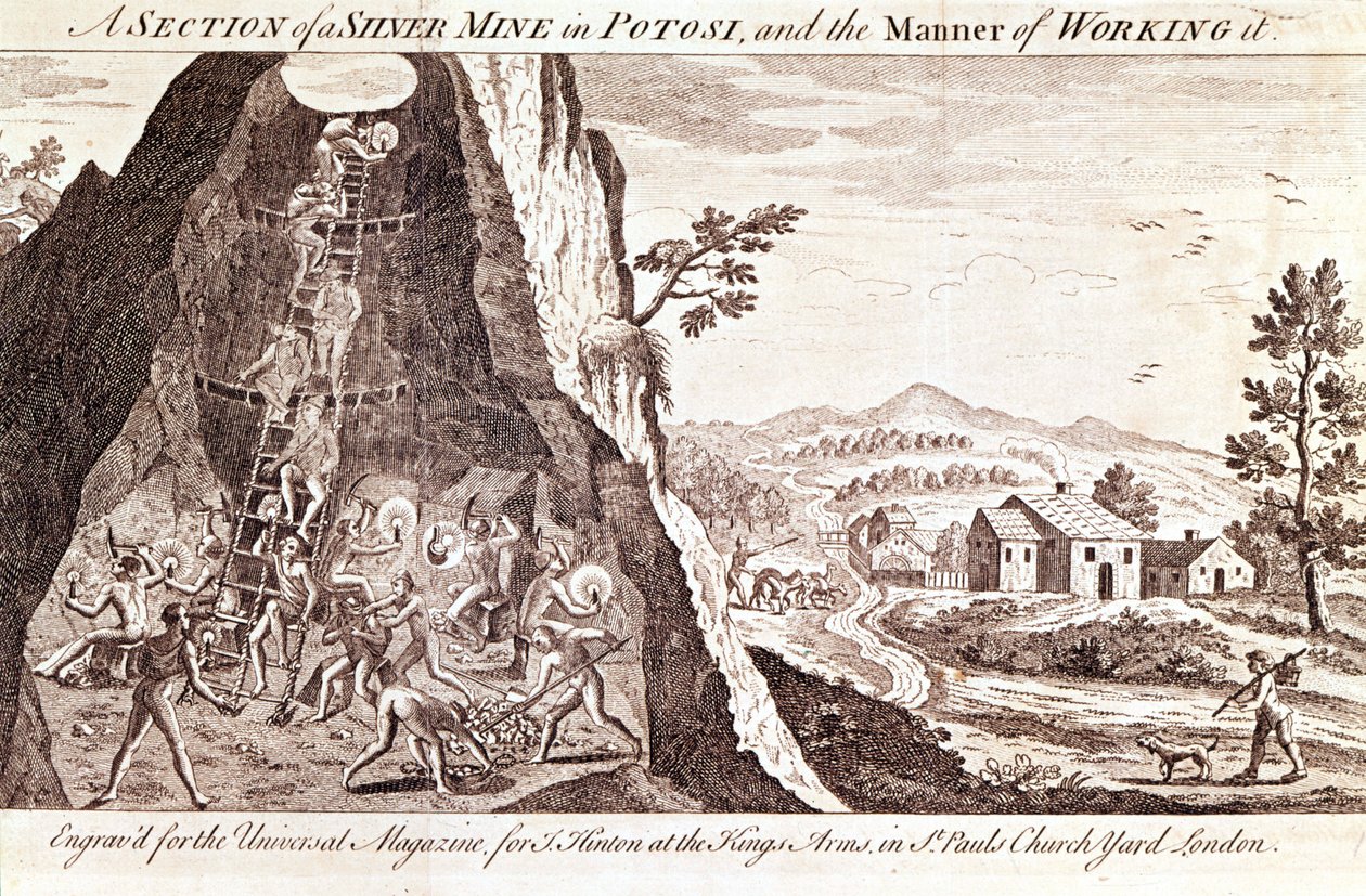 Sølvgruvene i Potosi, Bolivia. 1800-talls gravering. av Unknown artist