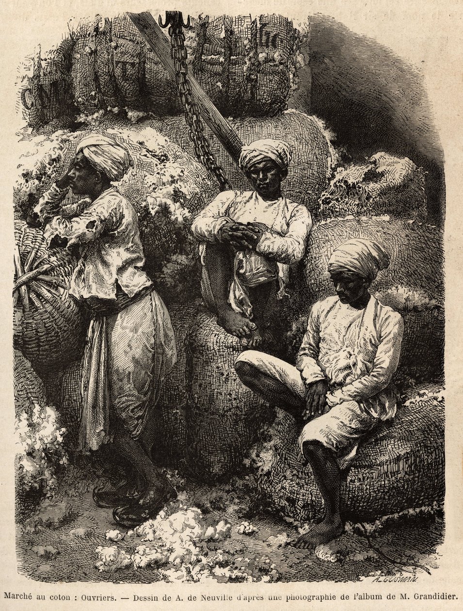 Parsi-arbeiderne i ro, på bomullsmarkedet i Bombay. av Edouard Charton, utgave Hachet av Unknown artist