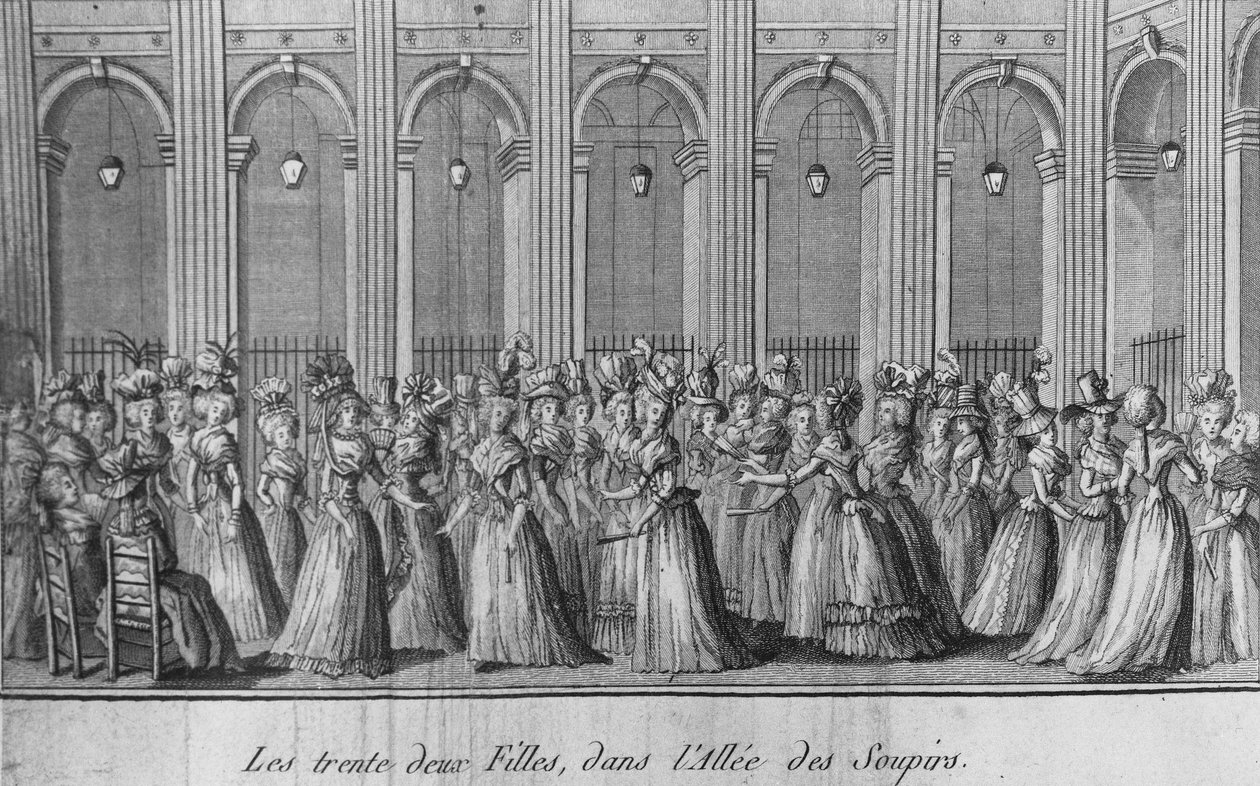 De trettito jentene i sipirenes midtgang - i «Les filles du Palais Royal»», frontispice, bind I, red. London av Unknown artist