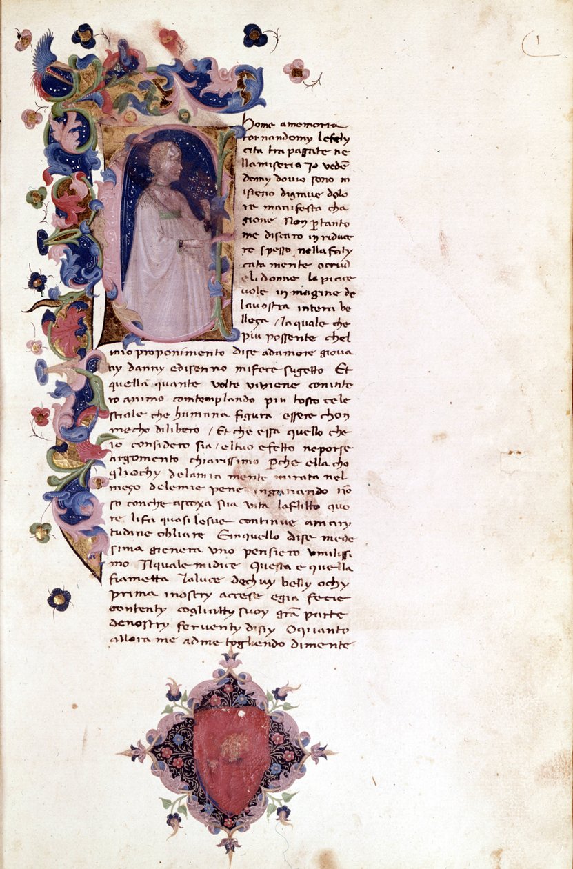 Bokstavlinje "" a"" på en miniatyrside av begynnelsen av "" Teseide"". Giovanni Boccacio (Boccacio) (1313 - 1375). 1400-talls manuskript. Trivulziana Milan. av Unknown artist