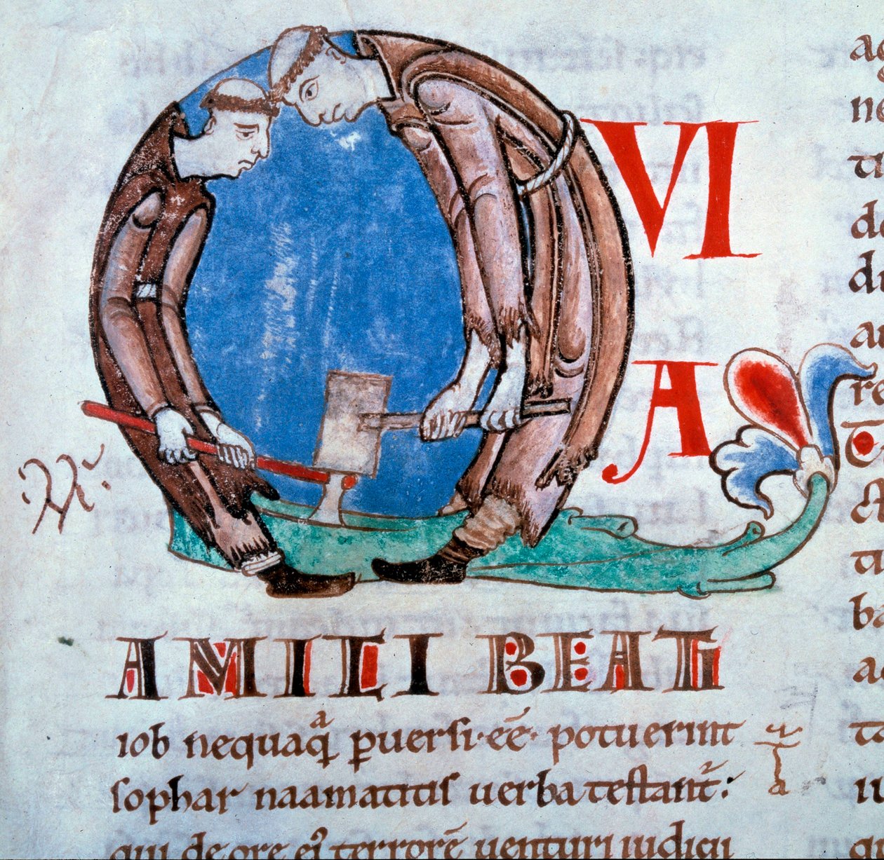 Lettrine Q"" som representerer de nedlatende munkene (munkene trekuene)"" Miniatyr hentet fra "Moralia i Job"" (eller kommentarer fra Jobs bok) av St. Gregoire I sa den store eller dialogen (532-604), Folio 59 av bind III, begynnelsen av 1100-tallet av Unknown artist