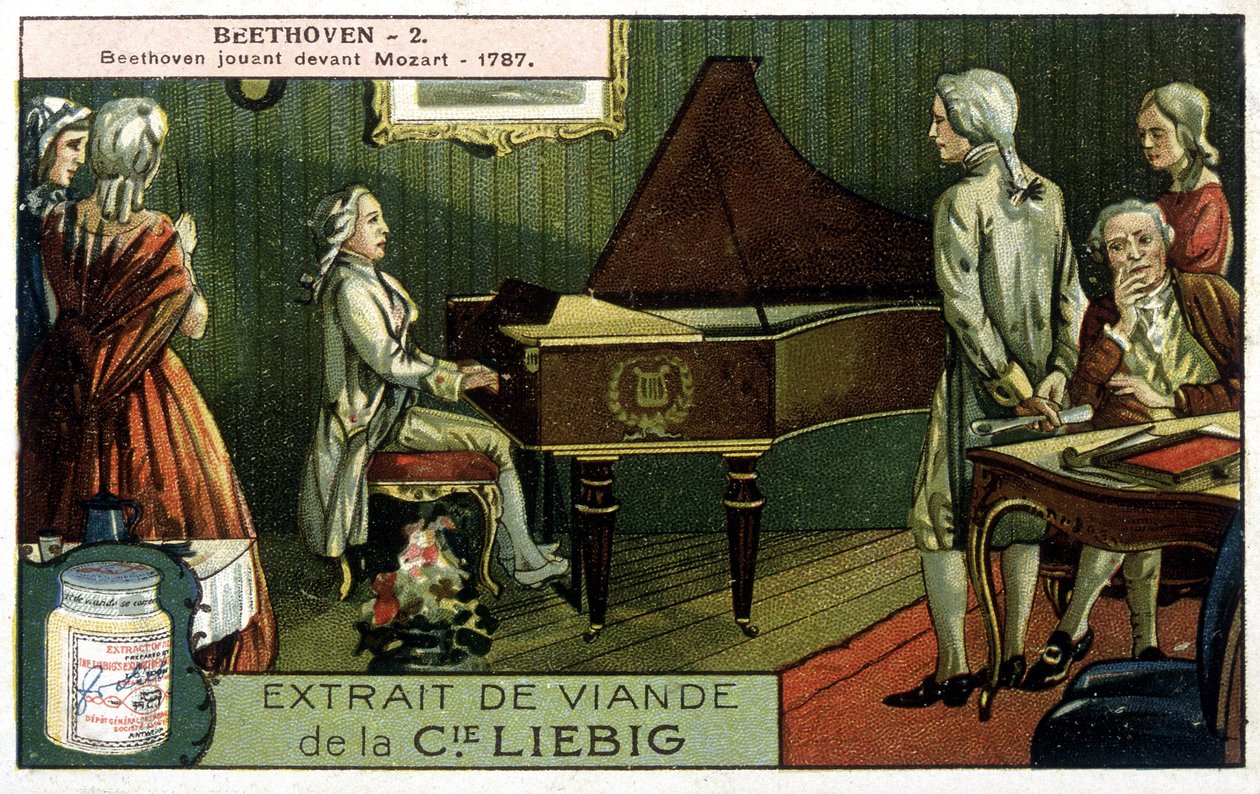 Liebig-kromolitografi. Ludwig van Beethoven (1770/1827) spiller før Wolfgang Amadeus Mozart (1756/1791). Her i 1787. av Unknown artist