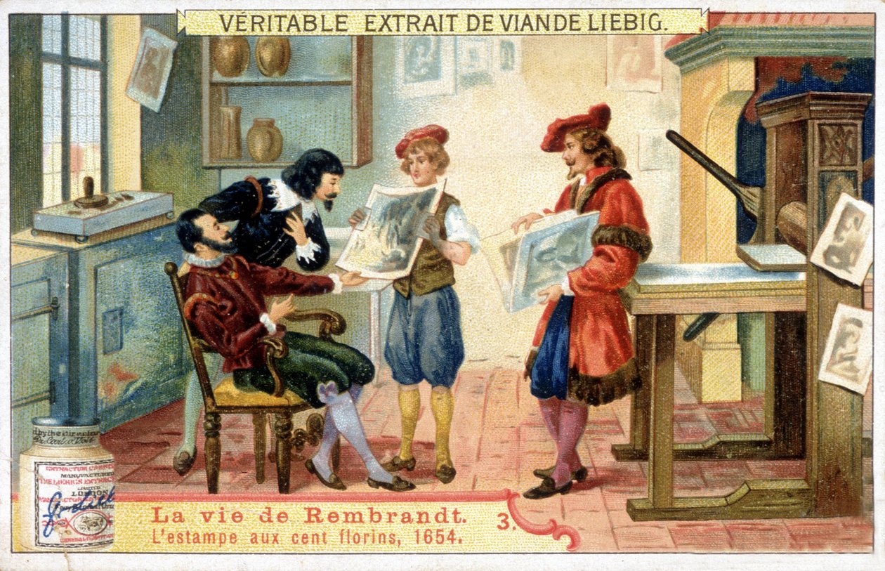 Liebig-kromolitografi om livet til Rembrandt (1606 - 1669), nederlandsk maler. Dette er trykket på 100 gylden i 1654. av Unknown artist