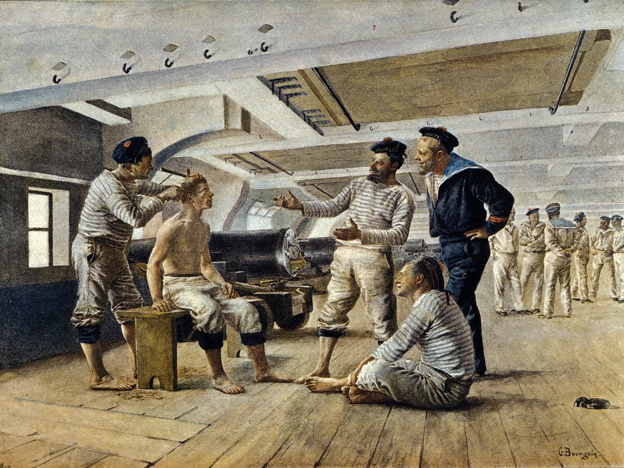 Livet ombord på et fransk krigsskip: skipsbarberen barberer sjømennene, ca. 1800 av Unknown artist