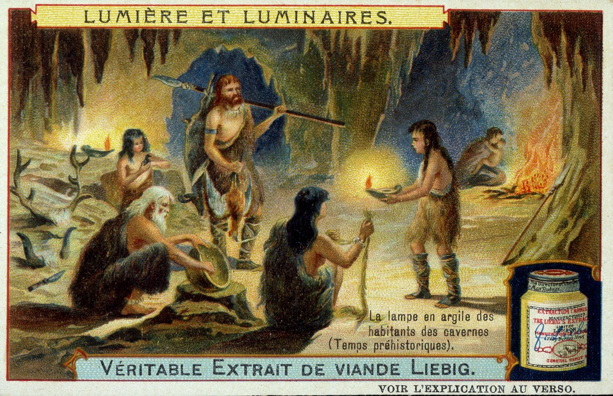 Lys og lysarmaturer: leirlampen til hulebeboere i forhistorisk tid. Illustrasjon på Liebig emballeger. av Unknown artist