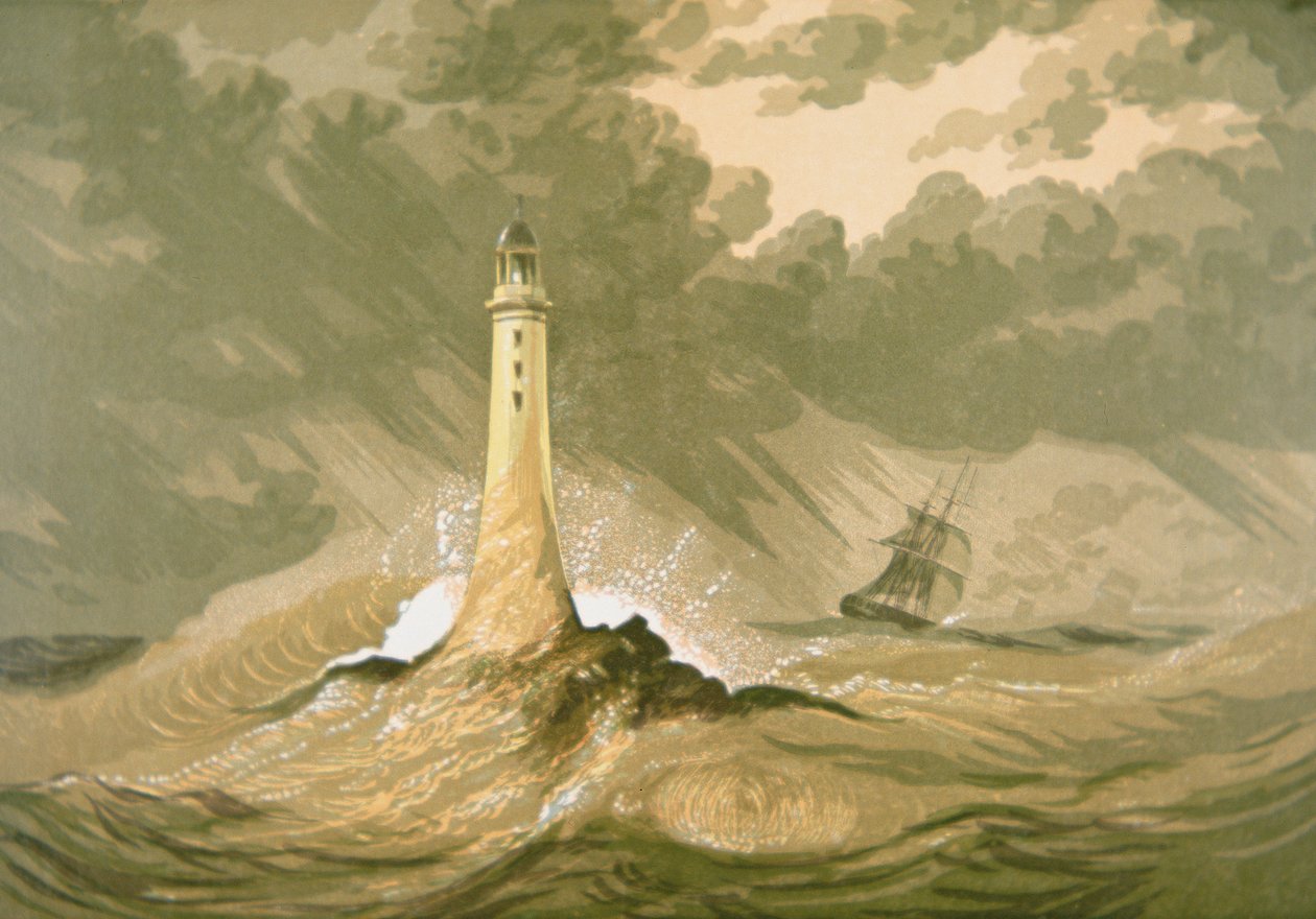 Fyr med seilskip av Unknown artist