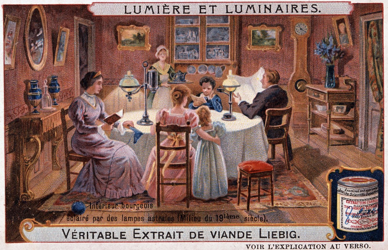 Lys og armaturer, borgerlig interiør opplyst av astrallamper - chromo. Liebig v. 1895 av Unknown artist