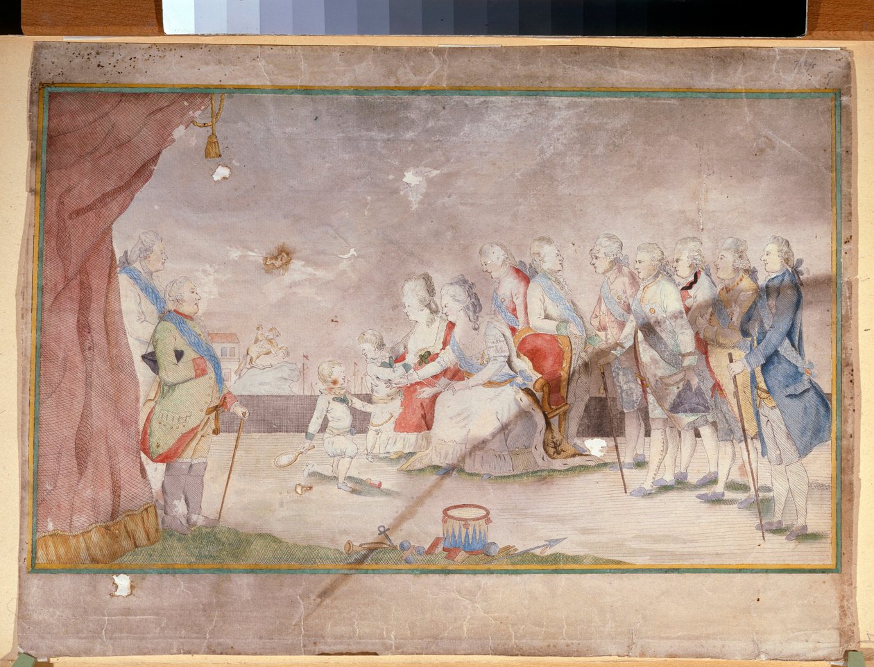 Keiserinne Catherine II med sin familie og kurtisaner (keiserinne Catherine II med sin familie og hoffmenn) - Anonymt arbeid, akvarell og blekk på papir, sent i 1780 av Unknown artist