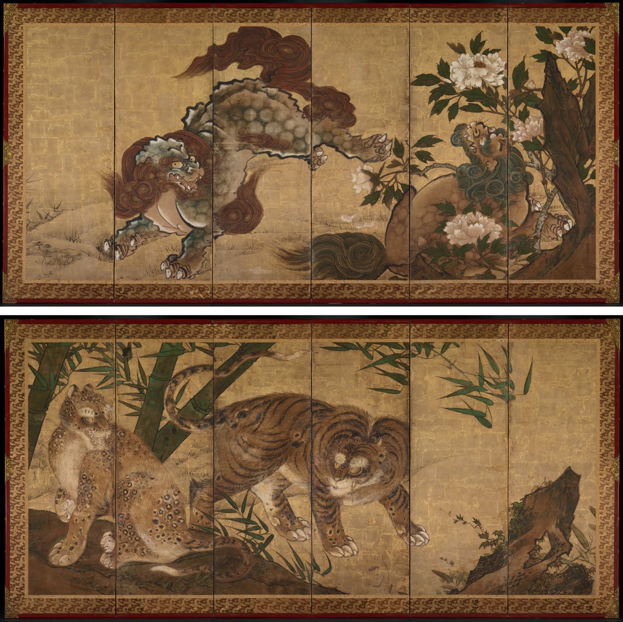 Løver og tigre i peon og bambus av Unknown artist