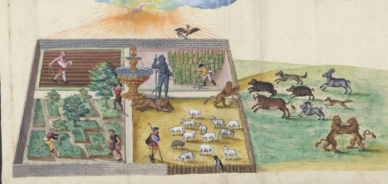 L'irruption des betes sauvages lutheriennes dans la vigne du seigneur - Innbruddet av de ville lutherske dyrene inn i Herrens vingård. Fra ""Thesaurus picturarum"", Anonym . Akvarell på papir av Unknown artist