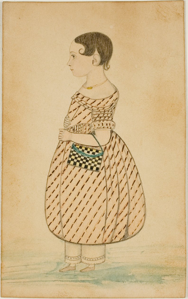 Liten jente med rutete veske i profil til venstre av Unknown artist