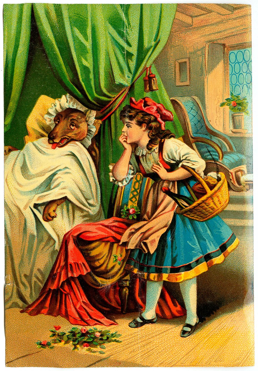 Rødhette oppdager ulven i bestemorens seng (Kromolitografi sent på 1800-tallet) av Unknown artist