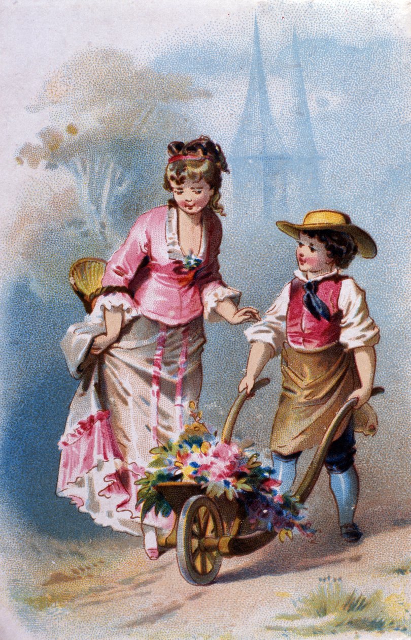 Liten gartner: en ung gutt med en trillebår full av blomster snakker med en ung kvinne på vei til en landsby. kromolitografi 1880. av Unknown artist