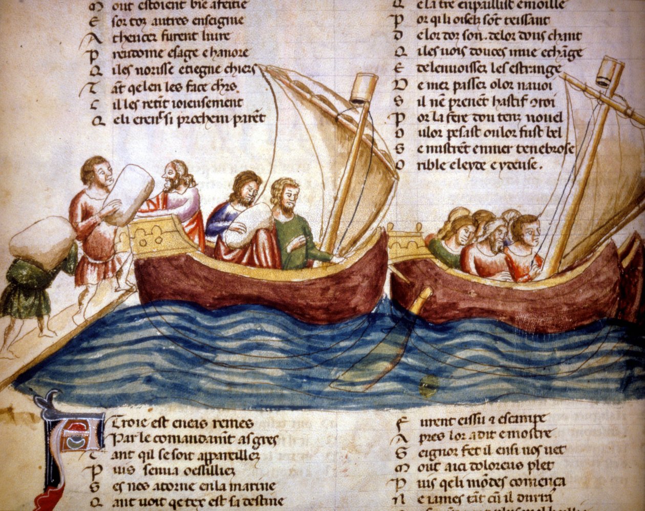 Laster last om bord, sent på 1200-tallet. Miniatyr av «Roman de Troy»» av Benoit de Saint Maure. Biblioteca Marciana fra 1300-tallet, Venezia av Unknown artist