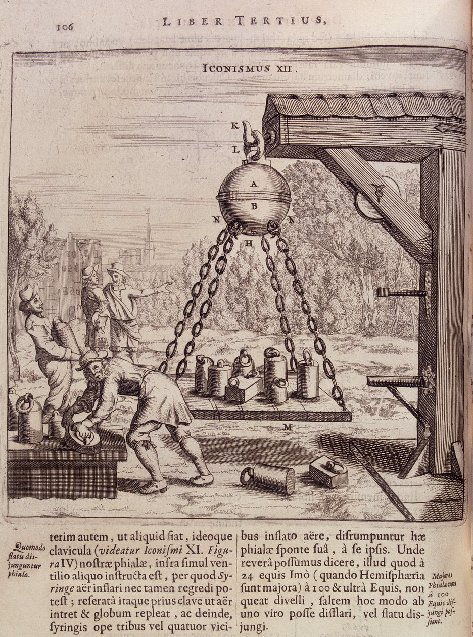 Laster suspenderte Magdeburg-halvkuler - i "Ottonis de Guericke: Experimenta Nova Magdeburgica de vacuo spatio"" av Otto von Guericke (Otto de Guericke av Unknown artist