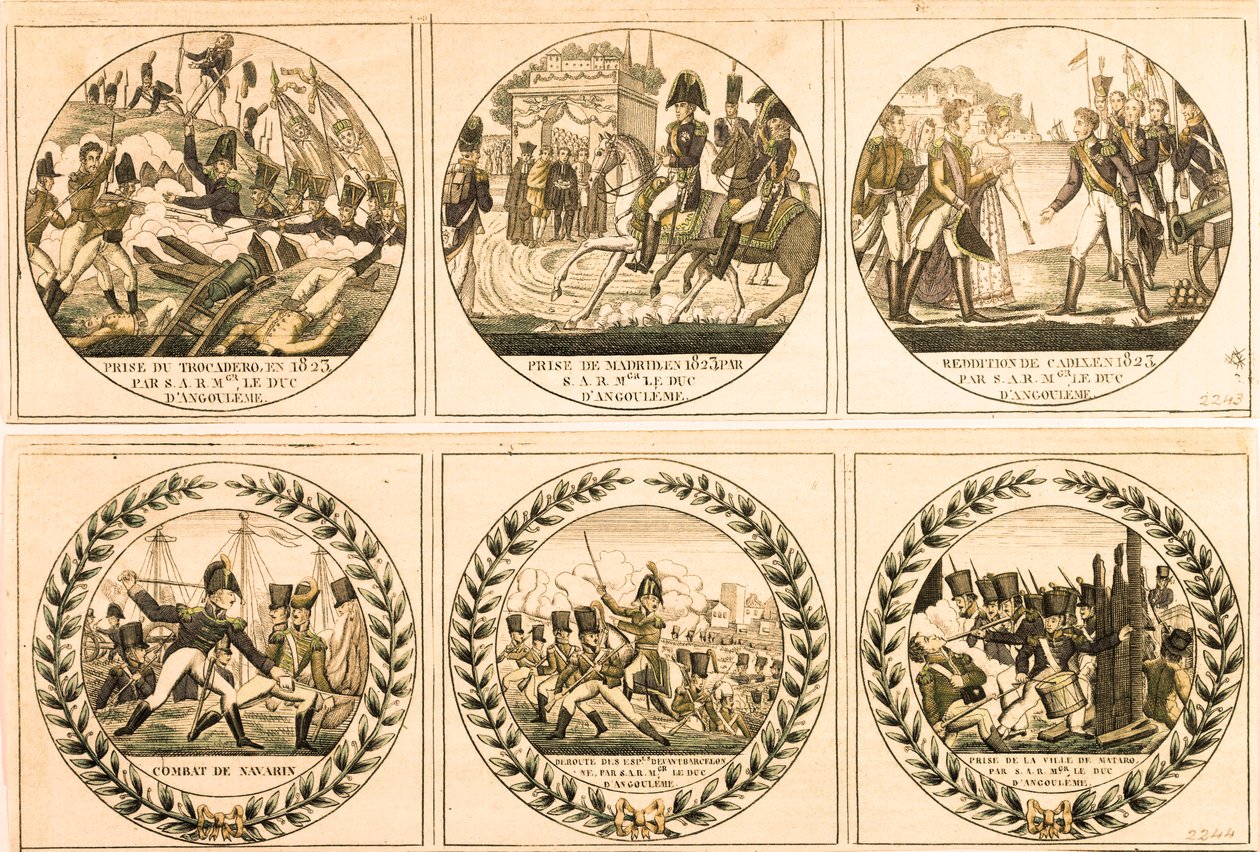 Louis Antoine (Louis-Antoine) av Bourbon, hertugen av Angouleme (Louis de France eller Louis XIX (1775-1884) under den spanske ekspedisjonen i 1823: tar Trocadero, inntar Madrid, overgivelse av Cadiz, slaget ved Navarin, bak Spansk foran Barce av Unknown artist